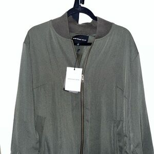 Who Wore What size XL dark loden green bomber jacket long length silk feel